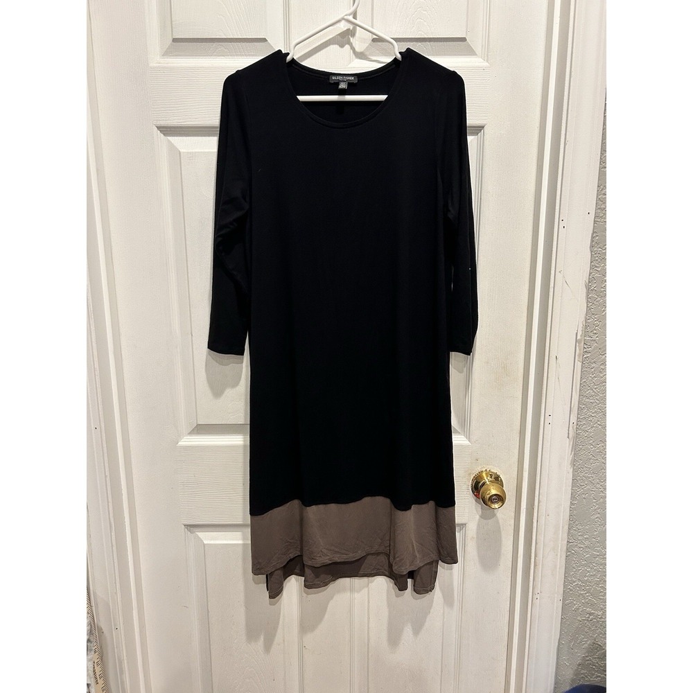 Eileen Fisher Petite Large Black Taupe Colorblock Dress PL Quiet Luxury Capsule
